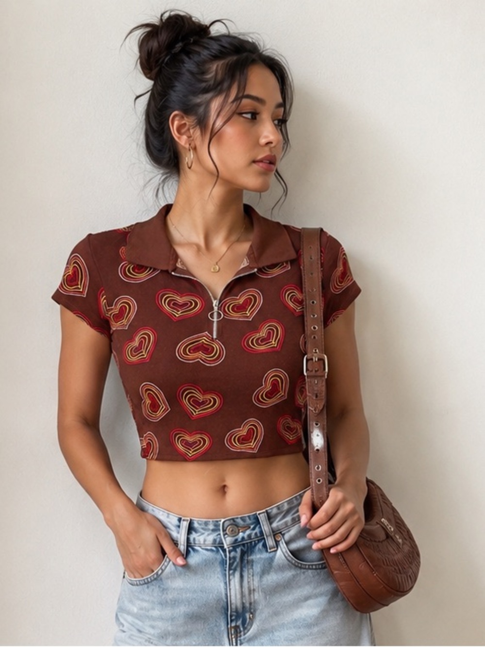 Faded Rose Brown Heart-Print Zip Polo Crop Top